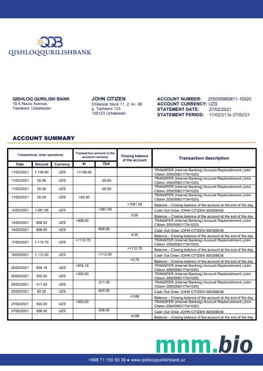 Uzbekistan Qishloq Qurilish Bank szablon w formacie excel pdf